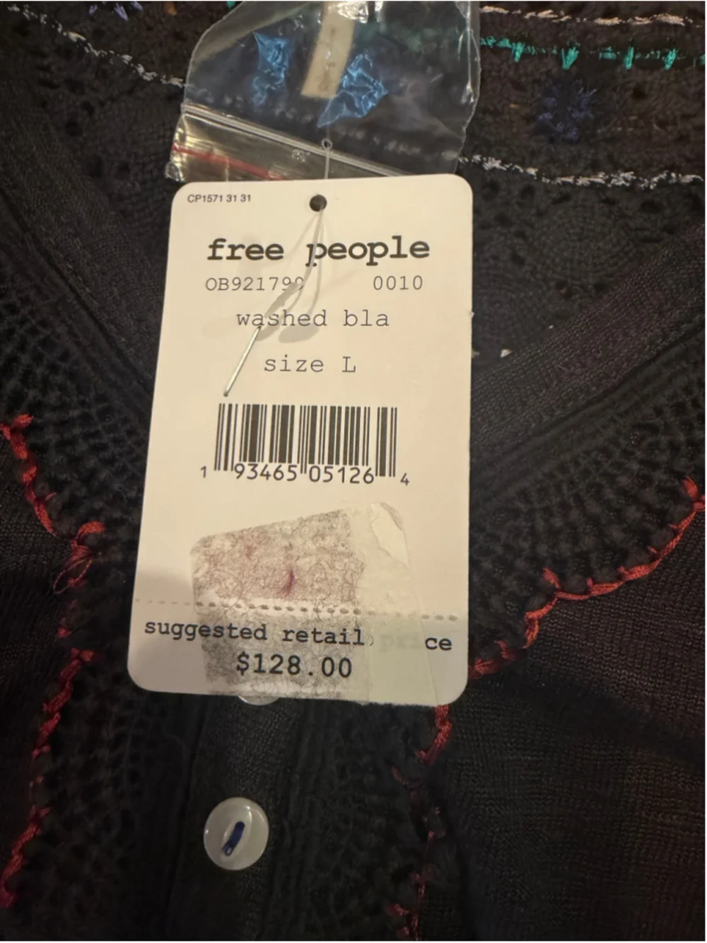Free People Siesta Long Sleeve Embroidered Top, Size L, Black